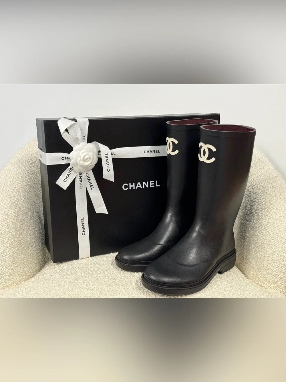 CHANEL Black Leather Mid-Calf Boots with White CC Logo